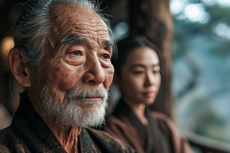 A man and a woman are standing next to each other. The man is older and has a beard. The woman is younger and has a serious expression on her faceの素材