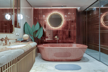 elegantly designed bathroom, capturing attention with its luxurious materials and harmonious color schemeの素材