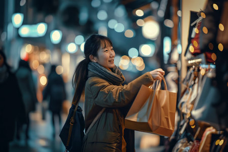 woman is shopping in a store with a smile on her face. She is holding a brown bag and a black backpackの素材