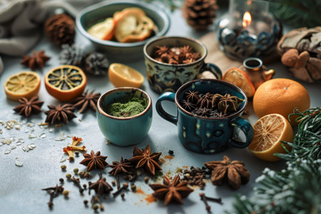 festive setting with cups of warm drinks, spices, and decorations, evoking a cozy, holiday atmosphereの素材