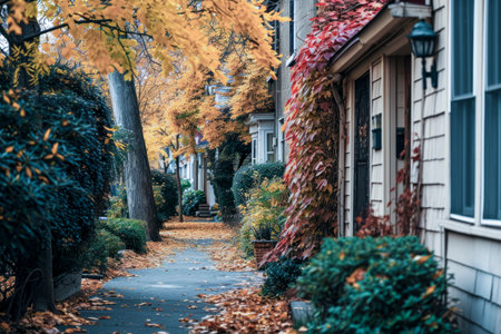 tranquil autumn scene with a leaf-strewn path, vibrant foliage, and a house adorned with red ivy.の素材