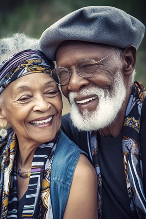man and woman are smiling at the camera. The man is wearing a hat and glassesの素材