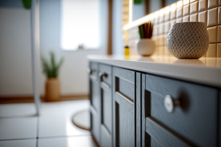 modern kitchen with sleek grey cabinets, white tiles, decorative vase, and natural light creating a warm, inviting spaceの素材