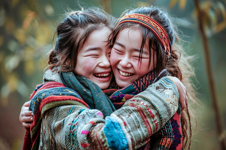 Two young women hug each other while wearing colorful scarves. They are smiling and seem to be enjoying each other's companyの素材