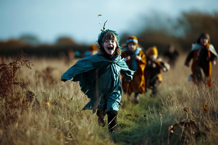 A group of children are running through a field, one of them wearing a blue cloak. Scene is playful and joyful, as the children are enjoying their time outdoorsの素材