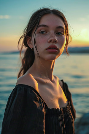 A woman with long hair and a black dress is standing on a beach. She has a puffy nose and is looking at the camera. The image has a calm and serene mood, with the ocean in the backgroundの素材