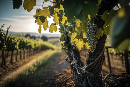 vineyard with ripe grapes, green leaves, and twisted vines, under soft sunlight, evoking a serene and fruitful atmosphereの素材