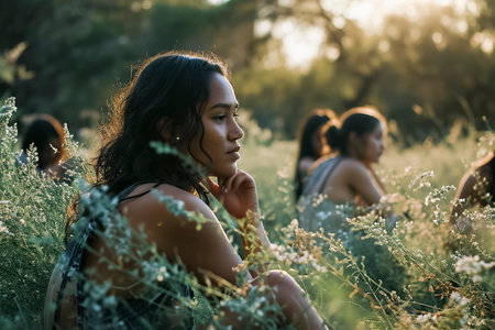 woman sits in a field of grass with her hands on her knees. She is looking to her leftの素材