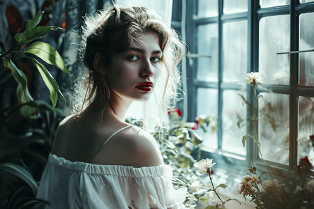 woman is sitting in front of a window with flowers in a vase. She is wearing a white dress and has red lipstick onの素材