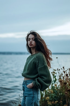 woman stands on a grassy bank by a body of water, wearing a green sweater and blue jeansの素材