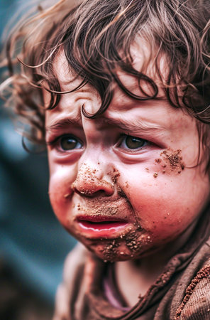 child with a sad expression on his face. He is covered in dirt and has a red noseの素材