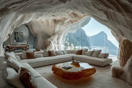 luxurious living room within a cave, offering a breathtaking view of mountains and sea, blending nature with modernityの素材