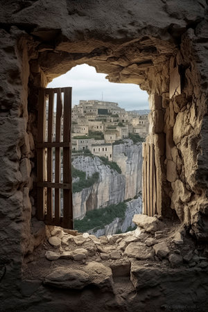 rustic window frames an ancient city on a cliff, contrasting dark interiors with the illuminated, expansive view outsideの素材