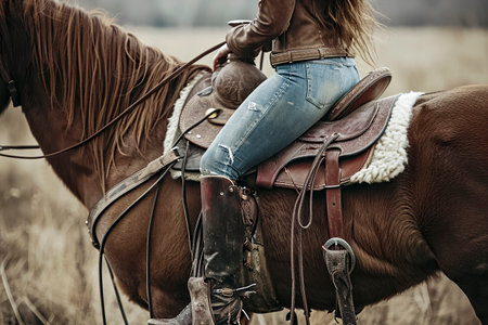 a person riding a horse, symbolizing a bond between humans and animals in a rustic settingの素材