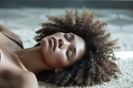 woman with curly hair is laying on the floor. She has her eyes closed and is resting her head on her hand. Concept of relaxation and comfortの素材