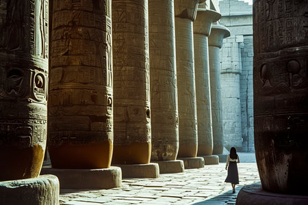 A woman explores ancient columns with hieroglyphs, casting shadows in a serene, historical atmosphere, evoking wonder and historyの素材