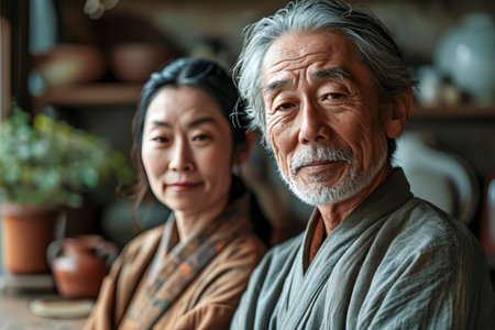 A man and woman are sitting at a table, smiling at the camera. The man is wearing a gray robe and the woman is wearing a brown one. Scene is warm and friendlyの素材