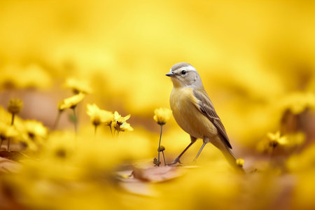 bird perches among vibrant yellow flowers, showcasing nature's harmony and vivid colors in a peaceful settingの素材