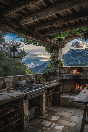 evening view of a cozy outdoor seating area with a fire pit, surrounded by nature and a rustic buildingの素材