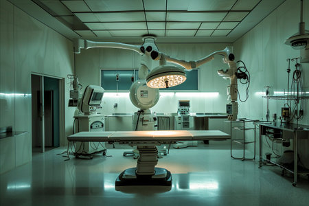 modern, sterile operating room with advanced medical equipment and bright surgical lightingの素材