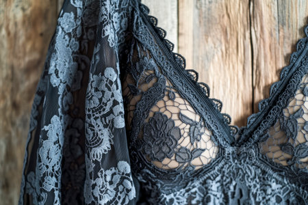 Close-up of delicate black lace fabric with floral patterns hanging against a rustic wooden background.の素材