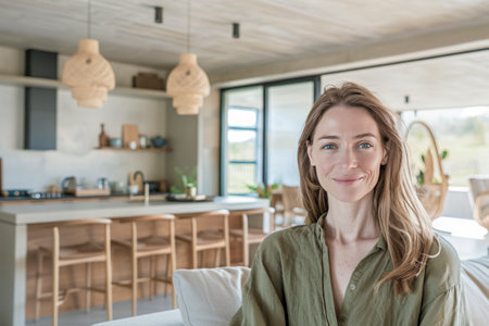 Smiling woman in a modern, minimalist kitchen with natural tones, wooden furniture, and soft lighting, conveying warmth and contemporary home lifestyleの素材