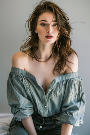 Stylish woman with wavy hair wearing an off-shoulder blouse, looking confidently at the camera in a soft, minimalistic setting.の素材
