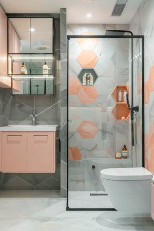 Contemporary bathroom featuring geometric tiles with pink and marble tones, a sleek glass shower, floating vanity, and modern black fixtures for a stylish aestheticの素材