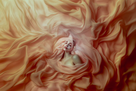 Dreamlike composition of a woman surrounded by flowing peach-colored fabric, creating an ethereal and artistic atmosphere with soft, warm lightingの写真素材