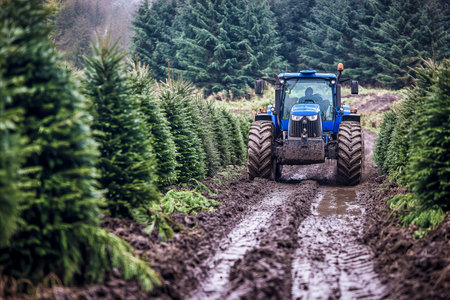 Blue tractor driving through a muddy path in a Christmas tree farm, surrounded by neatly arranged evergreen trees on a cloudy dayの素材