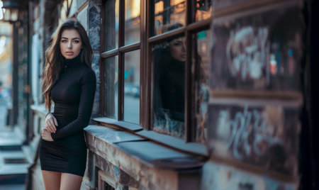 Stylish young woman in a black dress standing by a graffiti-covered wall and reflective windows in an urban setting. Confident and fashionable vibeの素材