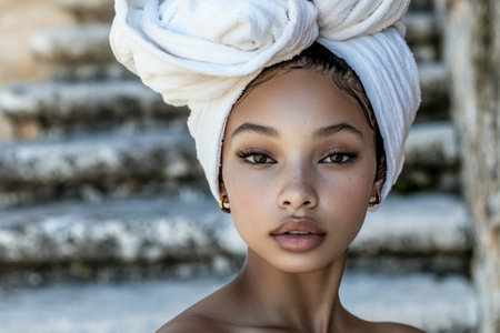 Portrait of a woman with glowing skin, a white towel headwrap, and natural makeup, radiating elegance and confidence outdoorsの素材