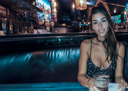 Relaxed woman in a stylish outfit enjoying a drink at a trendy bar with dim lighting and a vibrant, modern ambianceの素材