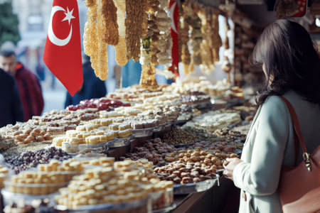 A woman exploring a traditional Turkish market stall filled with an array of sweets, nuts, and pastries, under a Turkish flagの素材