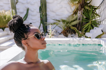 Elegant woman with braided updo and sunglasses, relaxing by a turquoise pool surrounded by tropical plants in a bright, modern settingの素材
