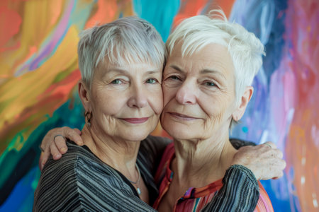 Two senior women embracing affectionately, their faces close together, standing in front of a vibrant, colorful abstract backgroundの素材