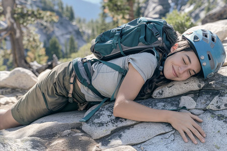 A happy female hiker in outdoor gear and a helmet rests on a rock, enjoying a break in a beautiful mountainous landscapeの素材