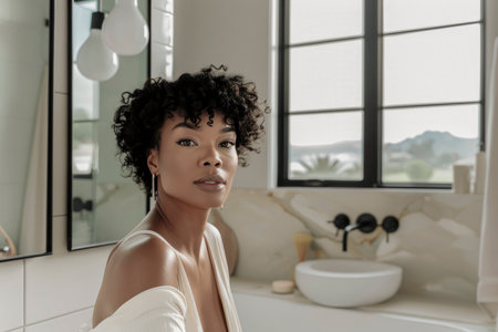 A confident woman with curly hair poses in a stylish, modern bathroom with soft natural lighting, exuding elegance and serenityの素材
