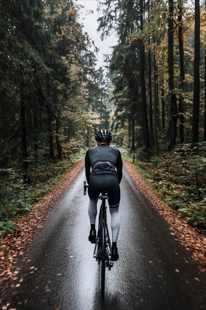 A serene and dynamic outdoor scene featuring a cyclist riding along a narrow forest road during autumn. The image is captured from behind, showcasing the rider's sporty outfit, including a black cycling jersey, gray leggings, and a protective helmet. The road is slightly damp, scattered with fallen leaves, enhancing the seasonal atmosphere. Tall, dense trees with rich green and golden foliage frame the path, creating a tranquil yet adventurous vibe. The natural light filtering through the canopy adds warmth to the composition, emphasizing the harmony between the cyclist and the surrounding environment. Perfect for themes of fitness, outdoor activities, adventure, or autumn travel --chaos 10 --ar 2:3 --style raw --profile 2rpjcr1 --v 6.1 Job ID: 938937b6-684b-43e8-b80d-6ac95a42b460の素材