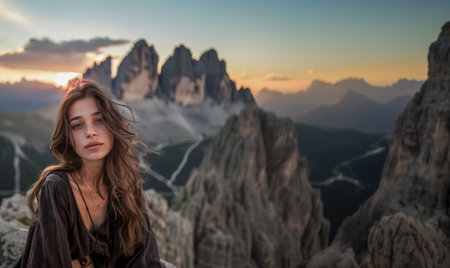 A young woman with windswept hair gazes into the camera, surrounded by breathtaking mountain peaks at sunset in a serene landscapeの素材