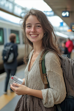 A smiling young woman with a backpack holds a train ticket at a busy station, ready for her next adventure.の素材