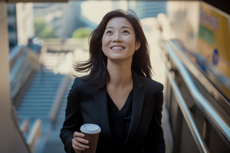 A confident businesswoman in a black suit walks up the stairs with a coffee cup, smiling brightly in an urban setting with modern architectureの素材