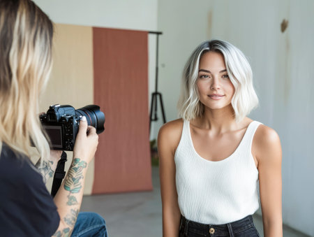 A photographer captures a stylish young woman with platinum blonde hair in a modern studio, featuring a minimalist backdrop and soft natural lightingの素材