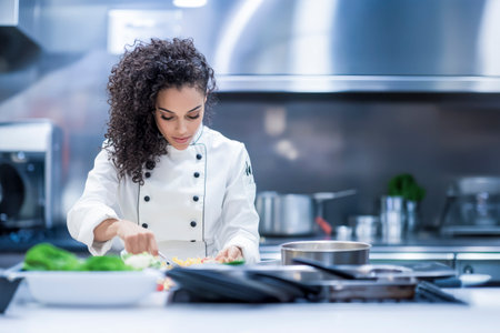 A professional female chef with curly hair, wearing a white uniform, prepares a fresh dish in a modern stainless steel kitchen with focus and skillの素材