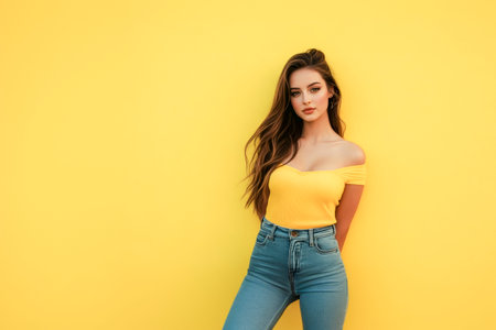 Stylish young woman in a yellow off-shoulder top and jeans posing against a vibrant yellow background. Modern fashion and confident attitudeの素材