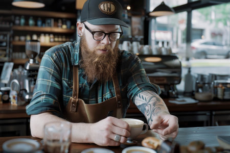 Hipster barista with a beard, tattoos, and glasses preparing coffee in a cozy cafÃ©. A warm and inviting artisan coffee shop atmosphereの素材