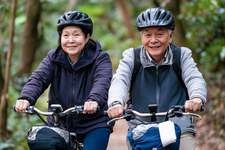 Smiling senior couple riding bicycles through a lush green forest, enjoying an active and healthy outdoor lifestyle togetherの素材
