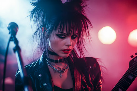 Edgy female rock musician with bold makeup, a leather jacket, and layered necklaces performing on stage under dramatic red and blue lightingの素材