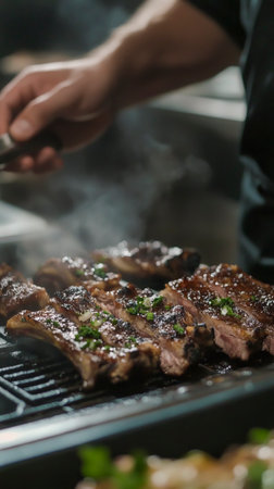 Close-up of sizzling grilled steaks being prepared by a chef. The juicy, perfectly seared meat is garnished with fresh herbs, with smoke rising in the backgroundの素材