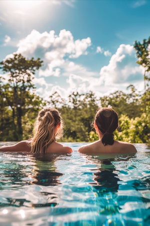 Two women relax in an infinity pool overlooking lush greenery, enjoying the sunshine and peaceful tropical atmosphereの素材